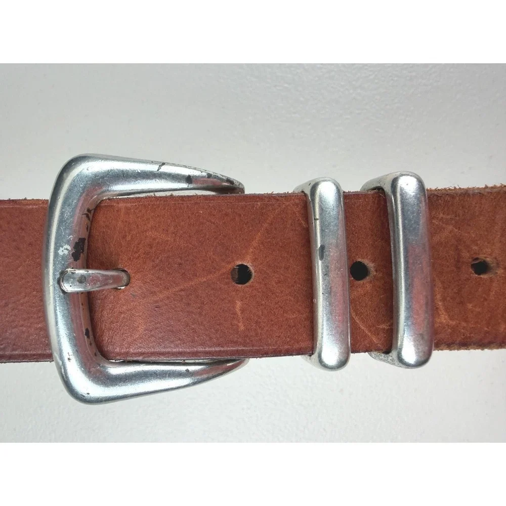 Vintage‎ Italian Leather Belt Made in USA Brown Silver Buckle Size L 6327
